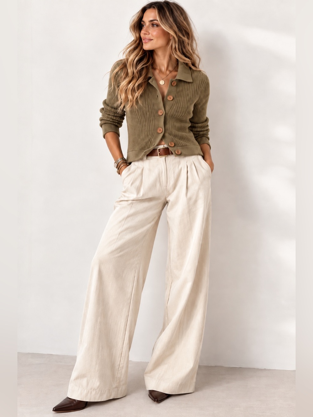 Talbots Petites Olive Green Merino Wool Ribbed Collared Cardigan Sweater SP